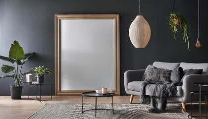 Modern Dark Living Room Interior Striking 3D Render Showcasing Frame Mockup in a Chic, Moody Space, Blending Textures and Elegant Design Elements with a Touch of Futuristic Minimalism.