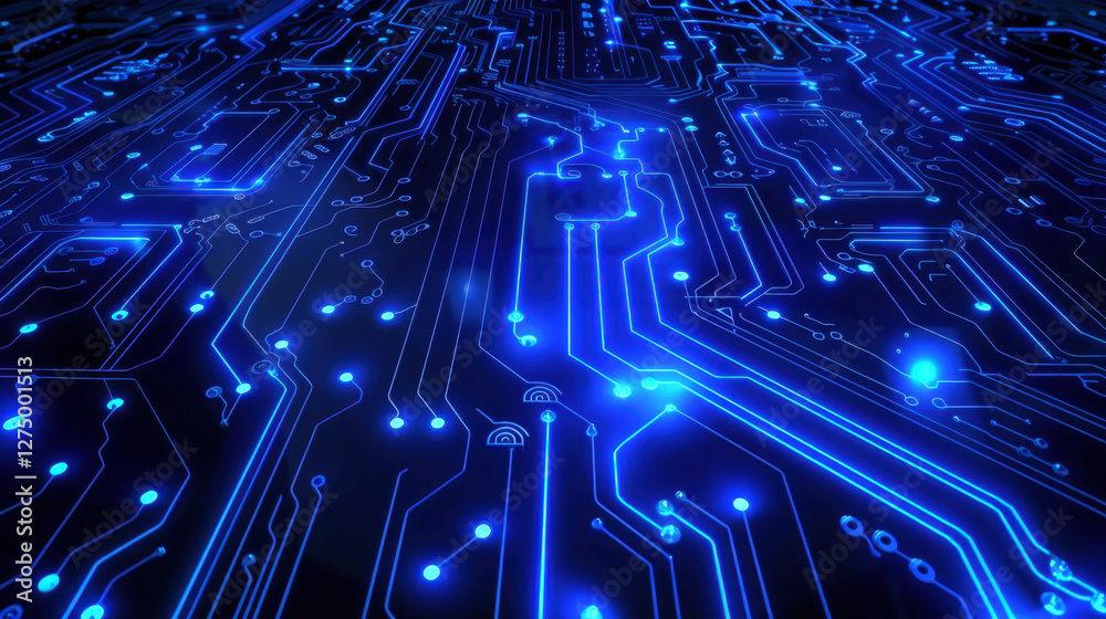 Poster close up view of blue circuit board with glowing lines and nodes, representing technology and innova