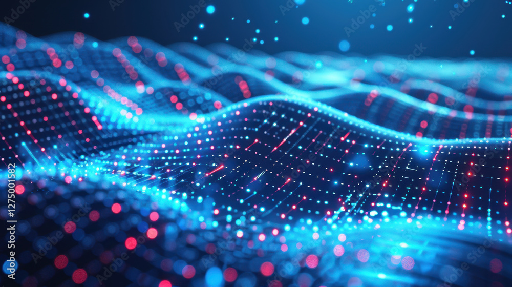 Poster abstract digital landscape with glowing blue and red particles creating wave like pattern, represent