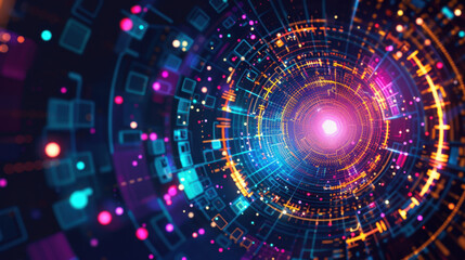 Obraz premium Vibrant digital abstract design with colorful circular patterns and glowing lights, creating sense of depth and movement