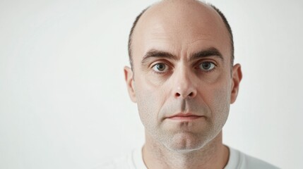 portrait of caucasian balding man 35-45 years old looking at camera, white background studio