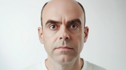 portrait of caucasian balding man 35-45 years old looking at camera, white background studio