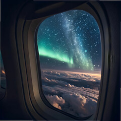 Fototapeta premium An airplane window framing a starry night sky with a glowing moon.