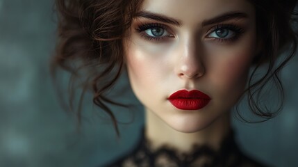 Fototapeta premium Woman, red lips, dark hair, portrait, beauty