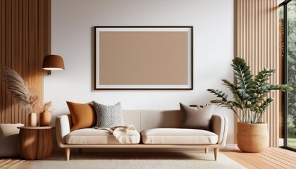 Stylish 3D Rendered Frame Mockup Showcasing a Cozy Scandinavian Living Room Interior Design, Bathed in Natural Light and Filled with Neutral Tones and Minimalist Elegance.