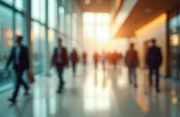 Blurred abstract background of office lobby with walking people creating motion effect. Modern interior with sunlight, glass walls, bright business environment. Concept for busy cityscape or career.