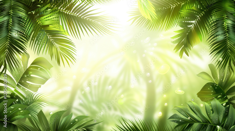 Wall mural Lush green tropical foliage with sunlight filtering through leaves, creating serene atmosphere. Ideal for nature themed designs and backgrounds