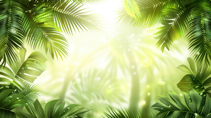 Lush green tropical foliage with sunlight filtering through leaves, creating serene atmosphere. Ideal for nature themed designs and backgrounds