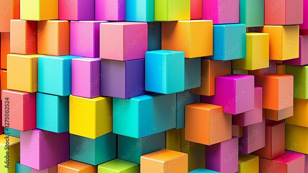 Fototapete Vibrant 3D cubes arranged in an abstract pattern with depth and shadows, copy space