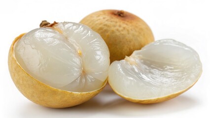 A peeled longan revealing its juicy white interior, isolated