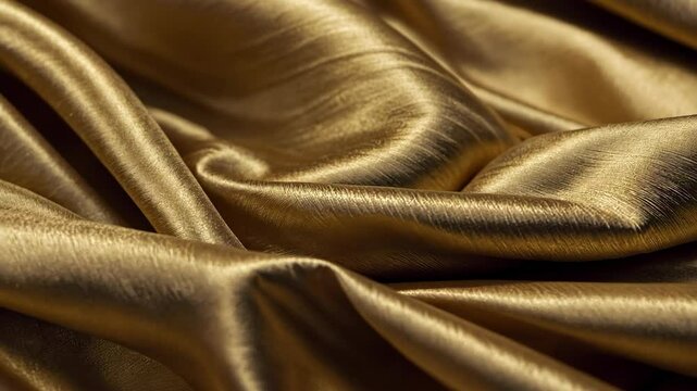 Video footage of Close up of smooth, golden fabric with shiny, silky texture, featuring folds and creases reflecting light, creating a luxurious and elegant appearance