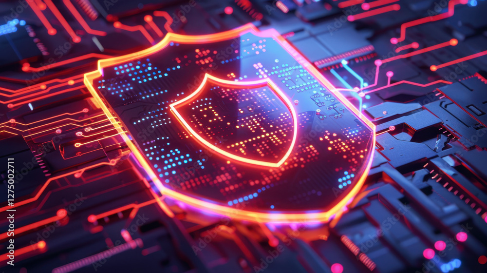 Poster digital shield symbolizing cybersecurity with glowing circuits and patterns. this represents protect