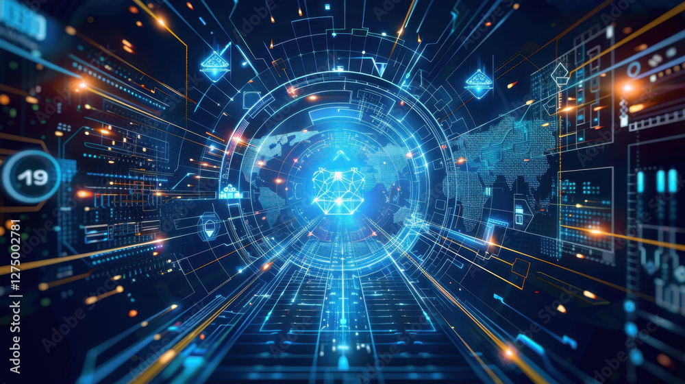 Poster futuristic digital tunnel with glowing lines and data patterns, representing technology and innovati
