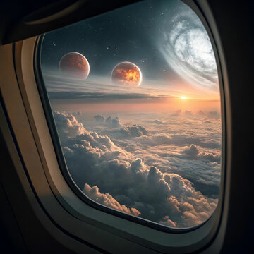 Fototapeta An airplane window view of clouds lit by the light of the setting sun.