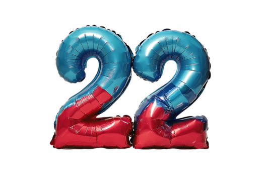 Two-toned number 22 celebration balloon display against a black background