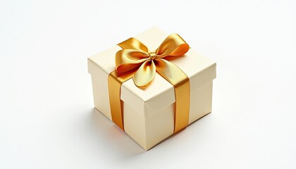 Whimsical Gift Box Wrapped in Gold Ribbon Against Stunning White Background. A white gift box with a golden ribbon and bow.