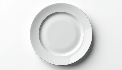 Glossy White Plate Against a Starker White Background: Clean and Elegant Design. A white plate on a plain white surface.