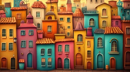 Houses in diverse hues creating a lively atmosphere.