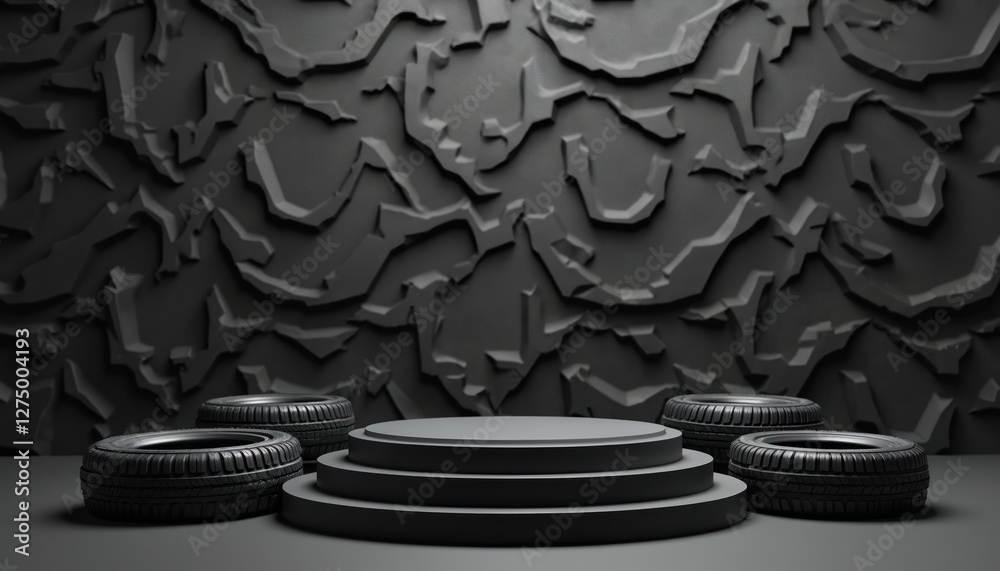Poster tire podium on black patterned background. car wheels showcase auto product. empty stage for display