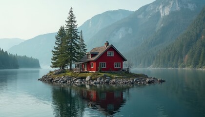 Red house on island in lake surrounded by mountains. Forest and coniferous trees grow on coast. Calm water reflects building. Nature background scenic landscape banner wallpaper photo.