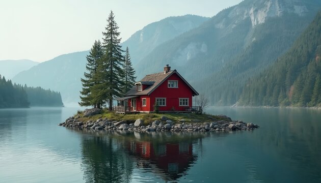 Red house on island in lake surrounded by mountains. Forest and coniferous trees grow on coast. Calm water reflects building. Nature background scenic landscape banner wallpaper photo.