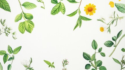Botanical illustration featuring green leaves and yellow white flowers
