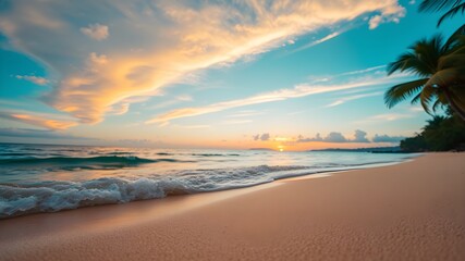 Closeup sea sand beach. Panoramic beach landscape. Inspire tropical beach seascape horizon. Orange and golden sunset sky calmness tranquil relaxing sunlight summer mood. Vacation travel holiday banner
