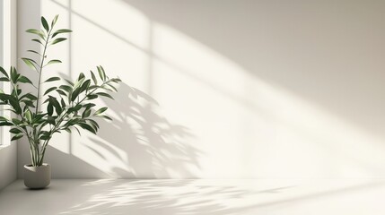 Minimalist white wall adorned with soft foliage shadows.