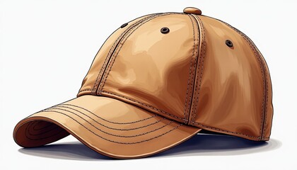 Realistic Brown Leather Baseball Cap with Adjustable Strap and Curved Brim on White Background. A brown leather baseball cap on a white background.