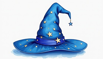 Whimsical Blue Witch Hat with Golden Stars on a White Background. A blue wizard's hat with gold stars on it.