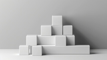 Fototapeta premium Minimalist arrangement of white boxes on gray background, creating modern aesthetic. geometric shapes and shadows add depth to composition