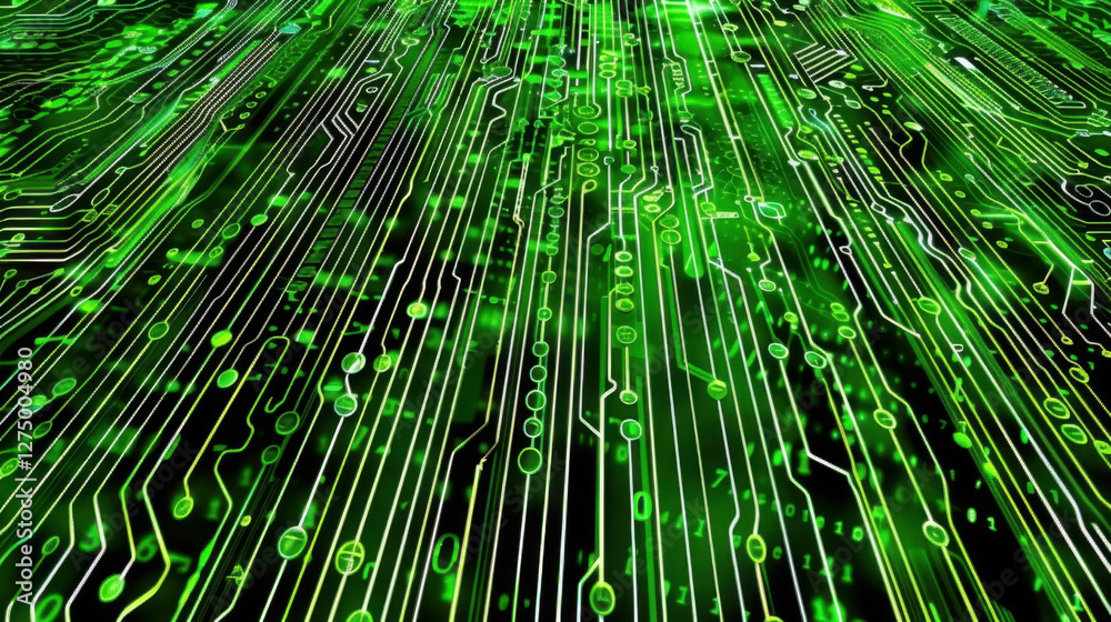 Poster digital circuit board design with green lines and patterns, representing technology and data flow. v