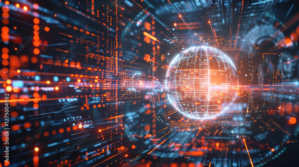 Poster digital globe with glowing data streams and abstract technology background