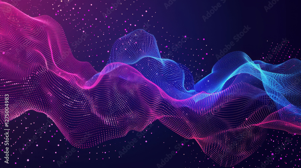Poster colorful abstract wave pattern with dots and gradients in pink and blue, creating dynamic and vibran
