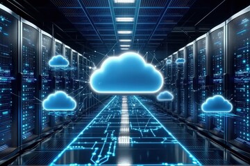 Conceptual visualization of cloud infrastructure and data management.