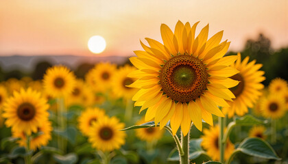 Obraz premium Sunflower blooming at sunset in a field
