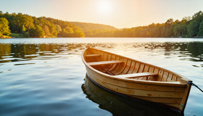 Obraz premium Wooden boat floating on calm lake at sunset