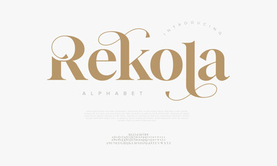 Rekola typography beauty fashion elegant minimalist serif italic fonts decorative wedding vintage retro logos. Minimal luxury font alphabet logo. Vector illustration