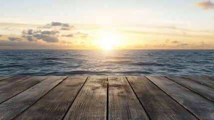 Obraz premium A serene sunset over a calm ocean, viewed from a wooden pier, highlighting beautiful colors in the sky and reflections on the water.
