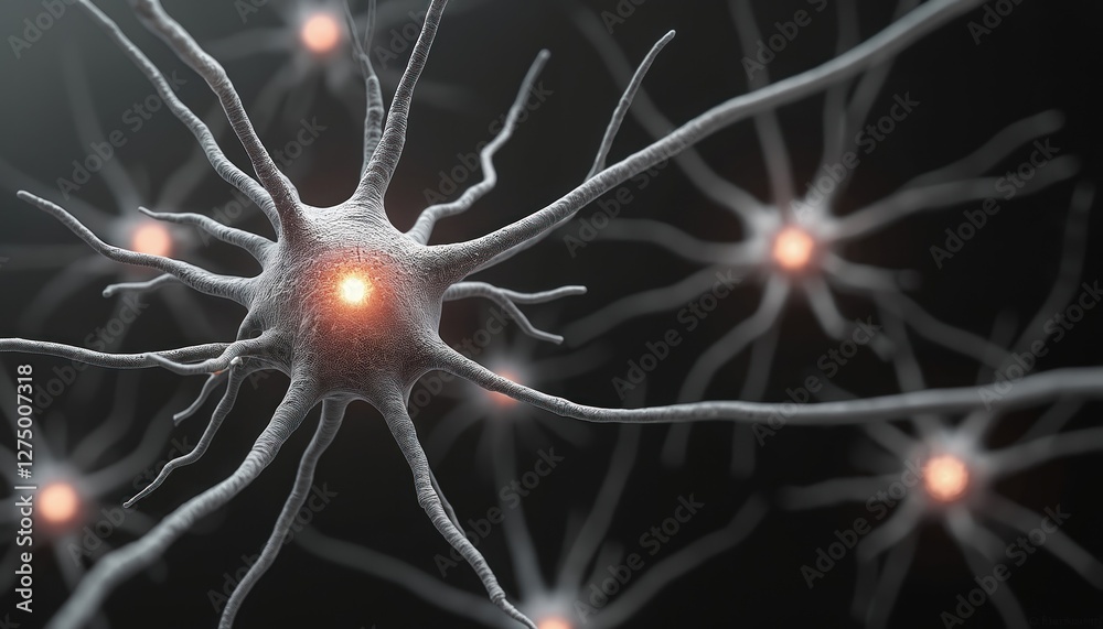 Poster illustration of nerve cells sending electrical signals in brain for neural activities. neuron cell n