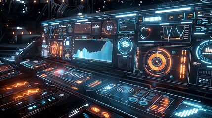 Obraz premium A 3D perspective of a digital user interface showcasing detailed information and data visualization tools, surrounded by a glowing, abstract technology background.