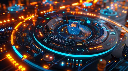 A 3D perspective of a digital user interface showcasing detailed information and data visualization tools, surrounded by a glowing, abstract technology background.

