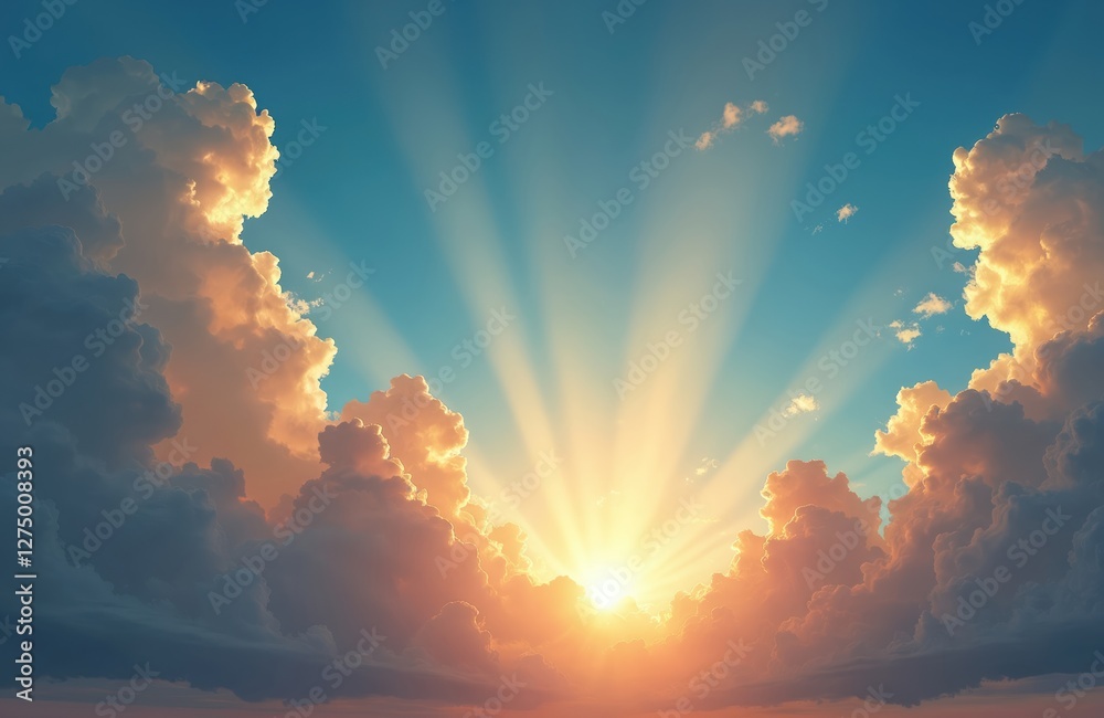 Poster sunlight breaks through cloudy sky. blue air, small clouds alternate, move slowly, create abstract s
