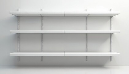 Realistic 3D illustration of empty white supermarket shelf mockup with racks. Blank bookcase stood in different angles. Mockup of store promotion equipment for product display.
