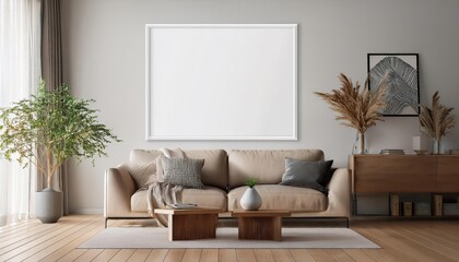 Frame Mockup of ISO A Paper Size Living Room Wall Poster Mockup in a Cozy Modern Living Room Ambience with Vibrant Hues and Sleek Design Elements, Perfect for Digital Art, Home Decor, or Design