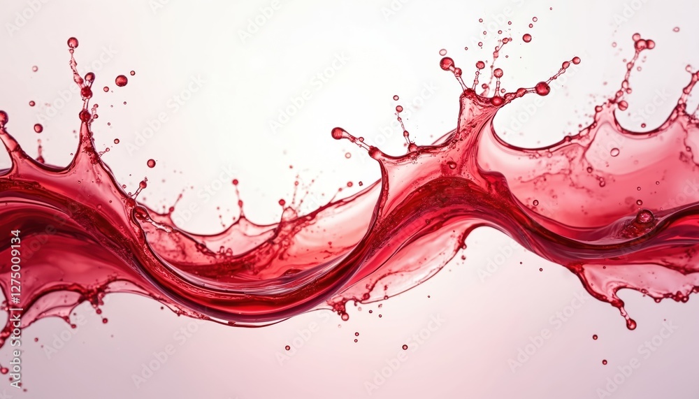 Poster Horizontal splash of red juice on transparent backdrop. Liquid wave of flowing drink. Use for strawberry, grape, cherry juice promo. Realistic three-dimensional stream of alcohol healthy sweet