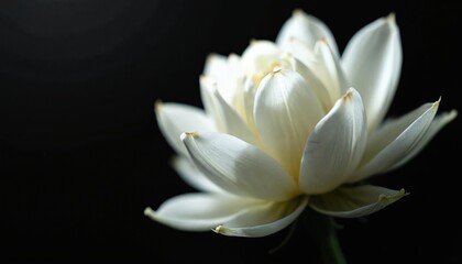 Fototapeta premium Close-up of delicate white lotus flower. Dramatic lighting highlights graceful form, subtle texture petals against black backdrop, elegance, serenity, purity and simplicity. Nature macro photo.