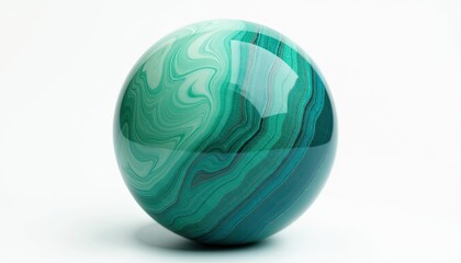 Mesmerizing Green and Blue Marble Sphere on White Background: Glossy Finish and Intricate Patterns. A green and blue marble sphere on a white background.