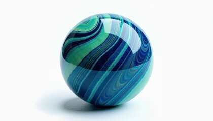 Mesmerizing Blue and Green Marbled Paperweight on White Background: Intricate Design and Captivating Visual Contrast. A blue and green striped glass sphere on a white background.