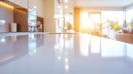 A kitchen with a white countertop and a window in the background. The kitchen is bright and clean, with a few items on the countertop, such as a cup and a bowl